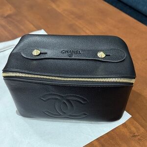 CHANEL GWP Black Leather Vanity Case with Gold Accents